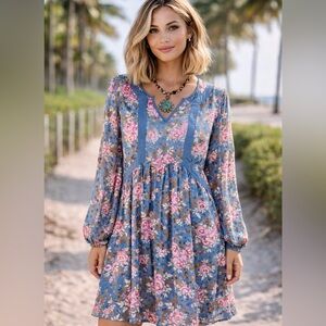 Matilda Jane Boho Pink and Blue Dress with Mandarin Collar Size S